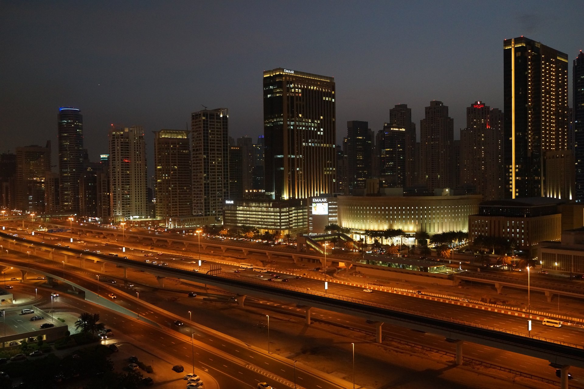 Sheikh Zayed Road at night — Dubai chauffeur service